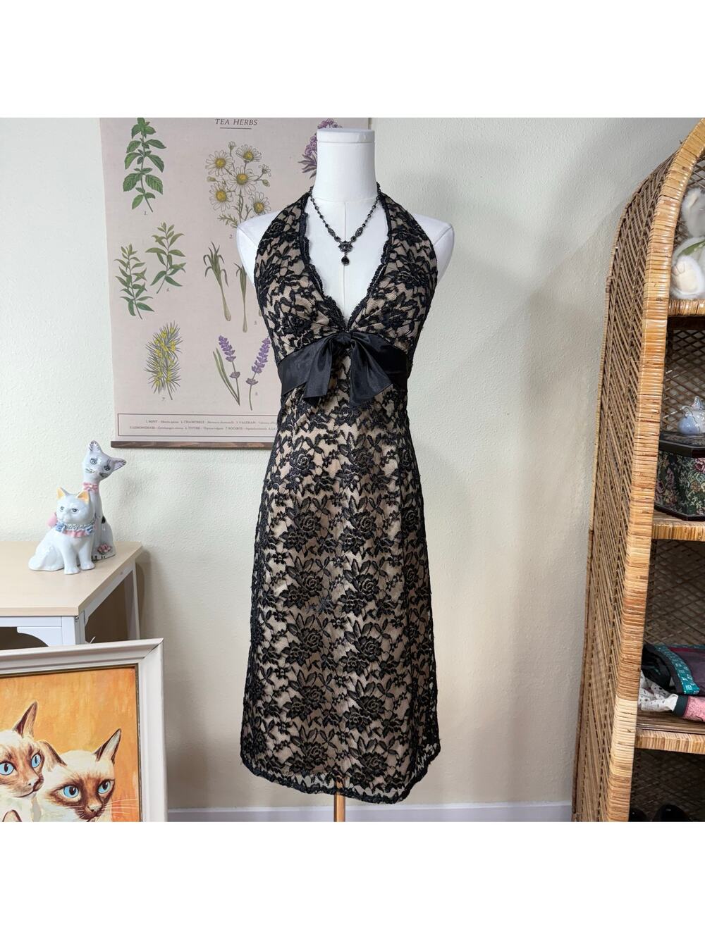 Vtg 90s Y2k Black Lace Halter Dress Romantic Sexy Dark Fairy Coquette Femme M 8